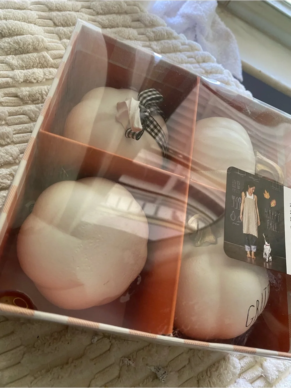 NIB Rae Dunn Fall White Pumpkin Decor Set of 4 Grateful Gingham Ribbon